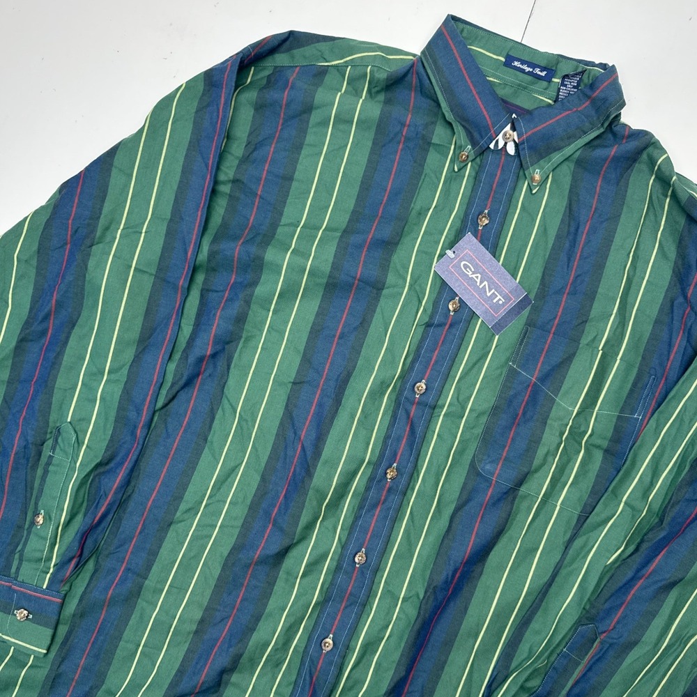 Gant Heritage Twill Mens XL Green Navy Red Striped Button Down Shirt New 127700